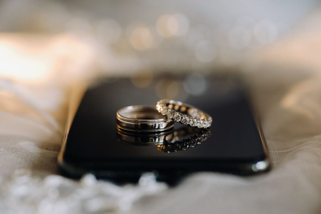 Gold wedding band and diamond eternity ring