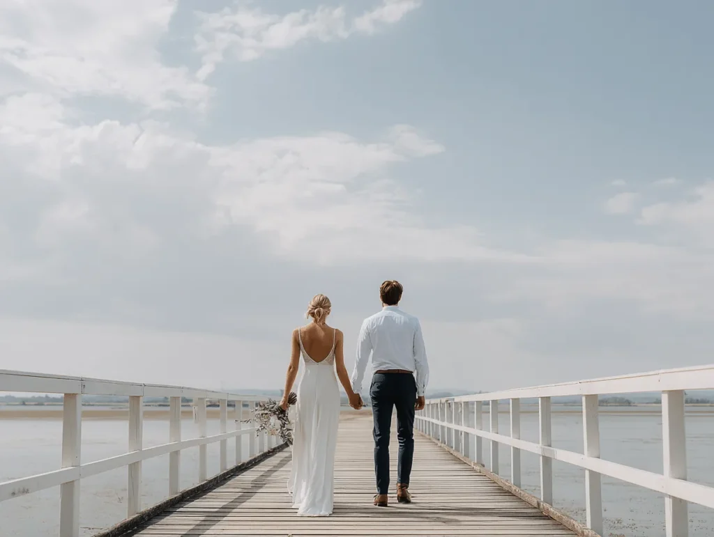 Bride and groom walking along a coastal jetty